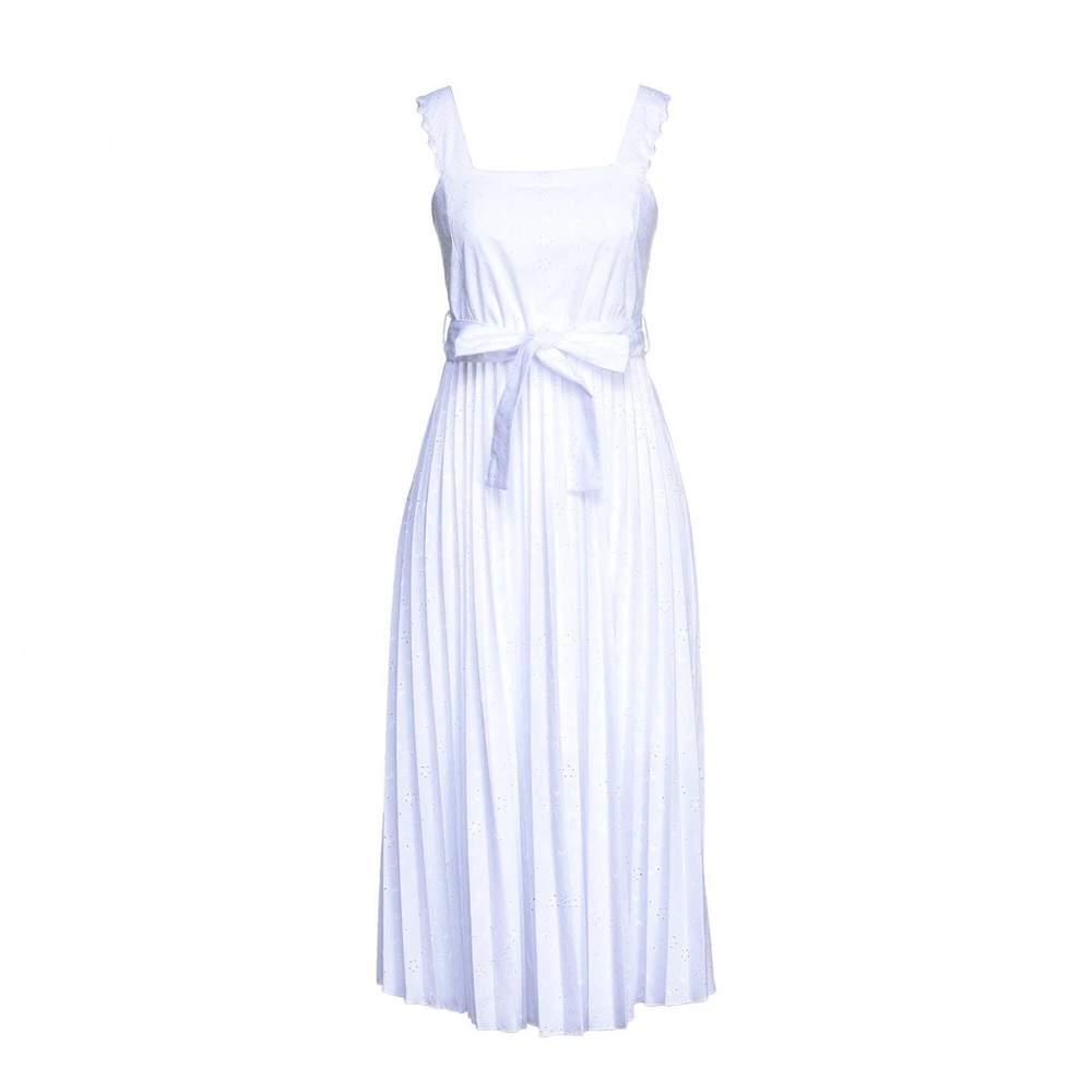 Berna white cotton embroidered midi pleated dress S